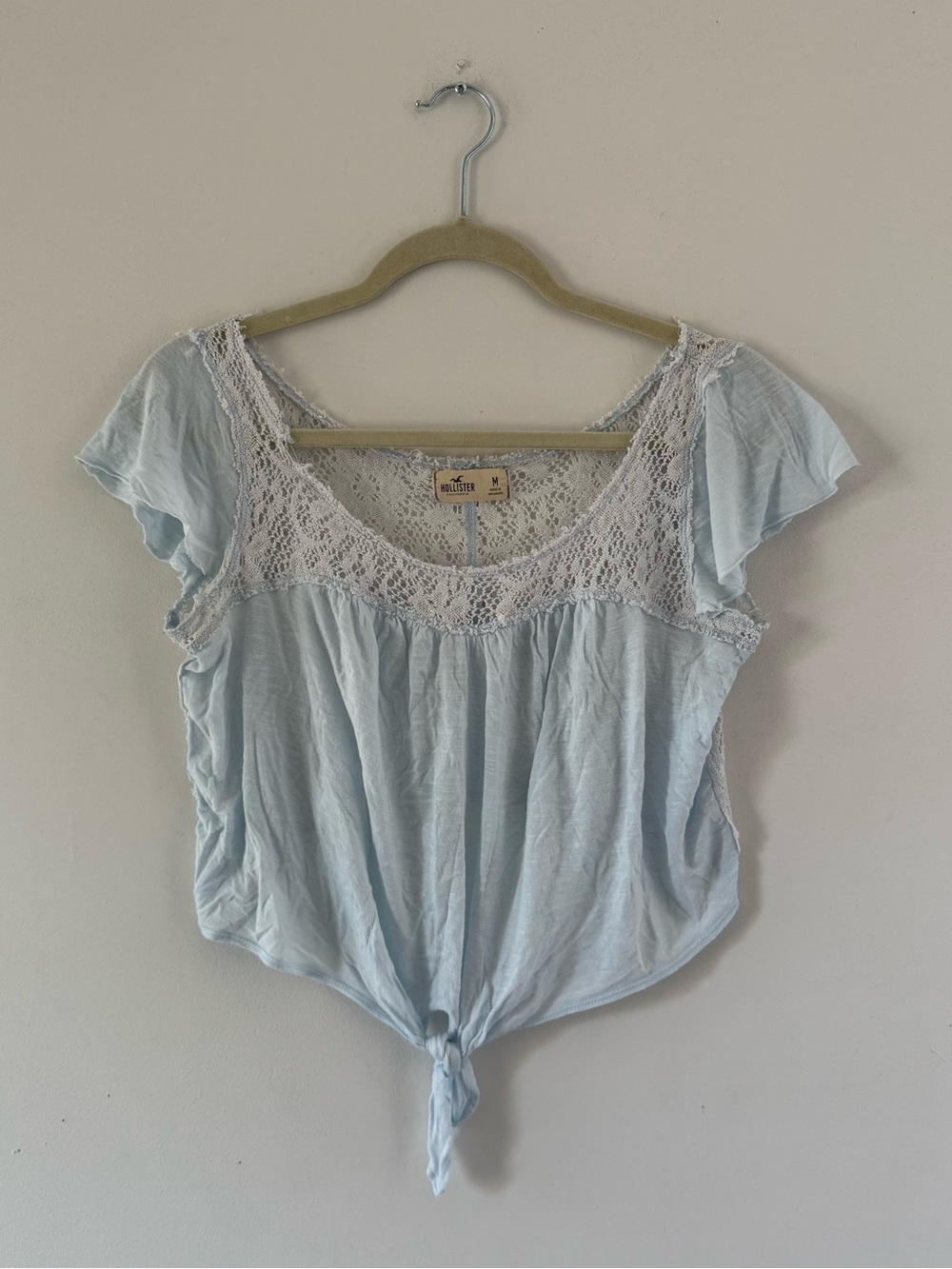 Y2K Vintage Hollister Baby Blue Lace Tie Front Top Cottagecore Coquette Medium